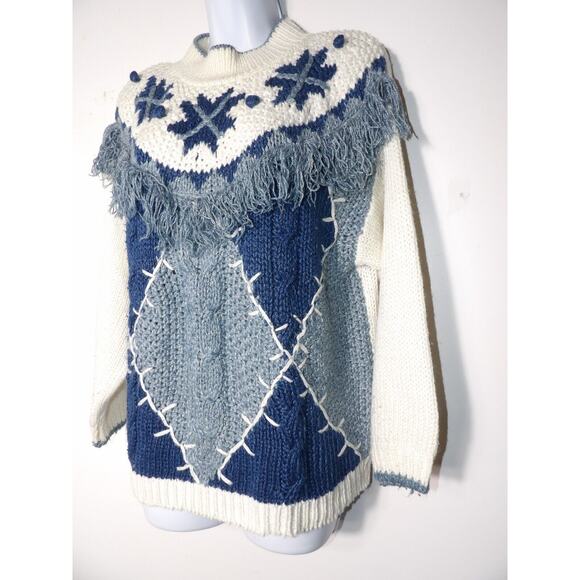 American Weekend Sweater Medium Knit 3D Vintage White Blue 80s Art - Picture 2 of 11